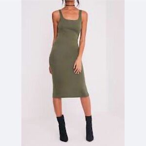Olive Green Spaghetti Strap Bodycon Midi Dress- size L